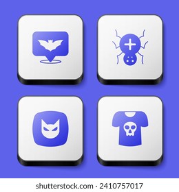 Set Flying bat, Spider, Black cat and Shirt with skull icon. White square button. Vector