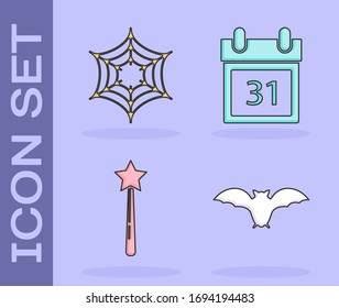 Set Flying bat , Spider web , Magic wand  and Calendar with Halloween date 31 october  icon. Vector