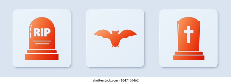 Set Flying bat , Tombstone with RIP and Tombstone with cross . White square button. Vector