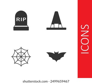 Set Flying bat, Tombstone with RIP written, Spider web and Witch hat icon. Vector