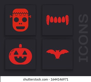 Set Flying bat , Zombie mask , Vampire teeth  and Pumpkin  icon. Vector