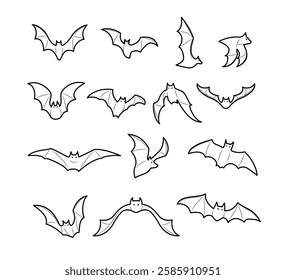 Set of flying bats doodle outline collection, Bats fly in the sky. A flock of bats flying on a white background, Black silhouettes of bats swarm pose, vector illustration.