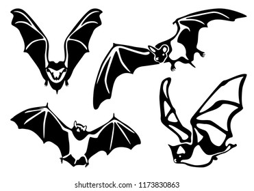 Set of flying bats isolated on white background. Template. Stencil. 