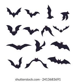 Set of flying bats pose collection, Bats fly in the sky. A flock of bats flying on a white background, Black silhouettes of bats swarm pose, vector illustration.