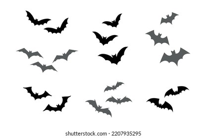 Set flying bats silhouette, isolated on white background. Vector illustration, traditional Halloween decorative elements. Halloween silhouette cute bats - for scary design and decor.