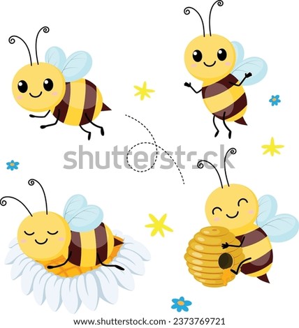 Set of flying bee cartoon, isolated on white background