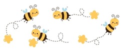 Ensemble De Dessins Animés D'abeilles Volantes Avec Fleur Isolée Sur Fond Blanc, Illustration Vectorielle.