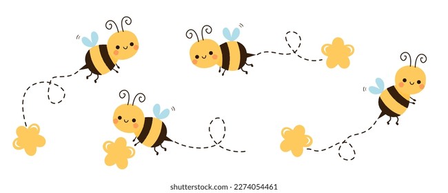 Conjunto de dibujos animados de abejas voladoras con flor aislada en ilustración vectorial de fondo blanco.