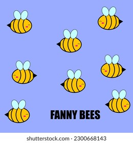 Set of flying bee  isolated on blue background, vector illustration.