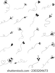 Set of flying bee line logo illustrations. Honey bee. Bee with flying paths.