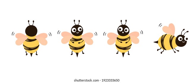 Set of flying bees on white background vector illustration. Cute cartoon character.
