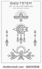 Set Of Flying Bird Logo Design, Geometric Tribal Archaic Emblems. Stylized Skylark, Swallow And Falcon - Linear Style Vector Templates For Labels. Monochrome