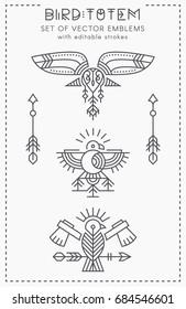 Set of Flying Bird Logo design, geometric tribal archaic emblems. Stylized falcon, tawny owl and blackbird - linear style vector templates for labels. Monochrome