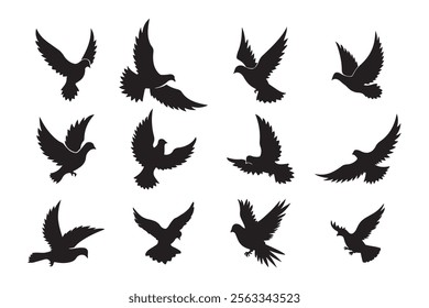 Set of flying bird silhouettes isolated on white background