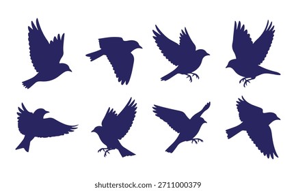 Set Of Flying Bird Silhouettes Symbolizing Freedom And Peace, Perfect For Nature Themes And Decor