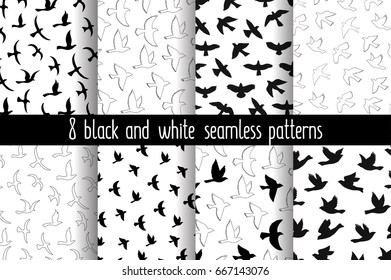 Set of flying birds seamless pattern. Silhouette a flight of birds. Black and white endless backgrounds.