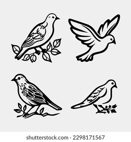 Set of flying birds sign. Dark silhouettes isolated on white.
