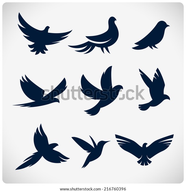 Set of flying birds sign. Dark silhouettes\
isolated on white.