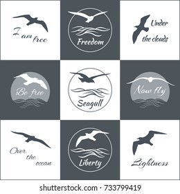 Set of flying birds silhouettes with waves and slogans. Black and white flat seagull icons. Collection of liberty symbols for prints and sports and travel logotypes. 