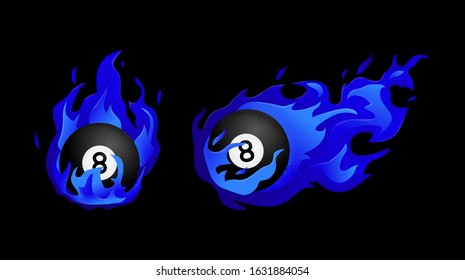 Set of Flying black billiard eight ball in blue fire isolated in modern flat style. Pool or snooker ball with number 8 on black background. Vector Illustration