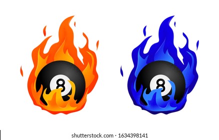 Set of Flying black billiard eight ball in fire isolated in modern flat style. Pool or snooker ball with number 8 on white background. Vector Illustration