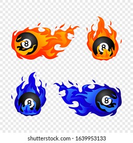 Set of Flying black billiard eight ball in fire isolated in modern flat style. Pool or snooker ball with number 8 on transparent background. Vector Illustration