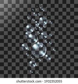 Set of flying blue soap or shampoo bubbles. Realistic bubbles isolated on transparent background. Vector illustration.