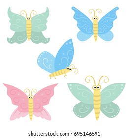 Set of flying butterflies isolated on white background. Butterflies in cartoon style.