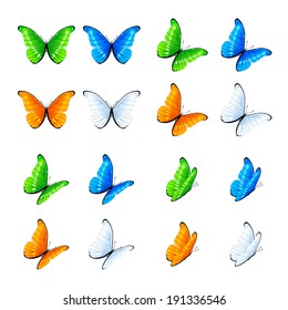 Set of flying colored butterflies isolated on a white background, illustration.