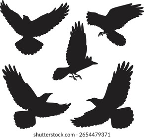 Set of flying crow silhouettes in various wing positions. Perfect for Halloween themes, nature designs, tattoos, and spooky illustrations.