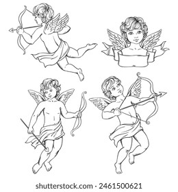 Set of flying cupids vector hand drawn sketch vintage illustration on white background.