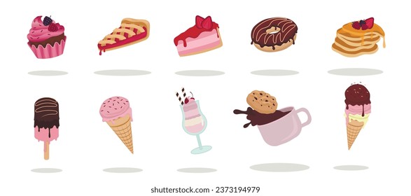 Set of flying desserts on white background