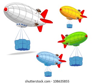 set of flying dirigibles with cargo