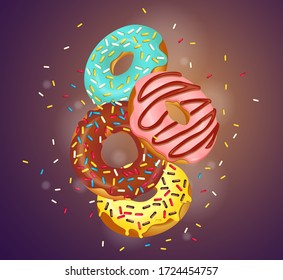 Set of flying donuts with various toppings. Donut Shop, Sweet products, Bakery, Confectionery, Dessert concept. Vector illustration for poster, banner, commercial, menu, print, card, cover. 
