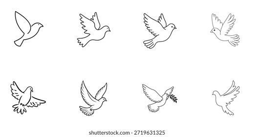 Set of Flying Dove Bird Line Art Outline vector and illustration