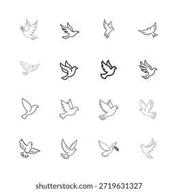 Set of Flying Dove Bird Line Art Outline vector and illustration