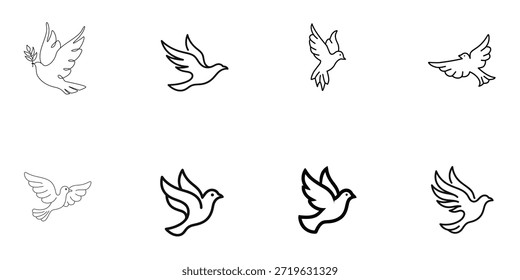 Set of Flying Dove Bird Line Art Outline vector and illustration