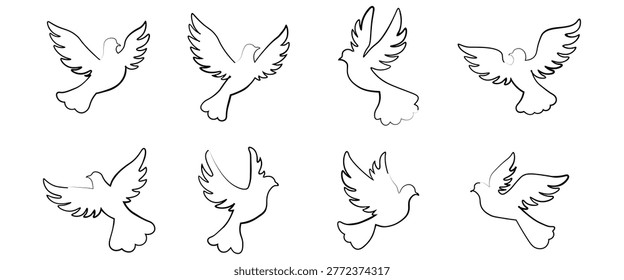 Set of flying dove outline in different poses perfect for Pentecost church logos baptism invitations religious crafts and spiritual design projects. Vector illustration