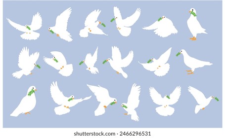 set of flying dove silhouettes or Pigeons with olive branch set love and peace symbols on a black background	