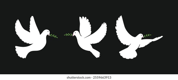 Set of flying dove silhouettes or Pigeons with olive branch set love and peace symbols on a black background. International Day Of Peace.