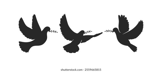 Set of flying dove silhouettes or Pigeons with olive branch set love and peace symbols on a white background. International Day Of Peace.