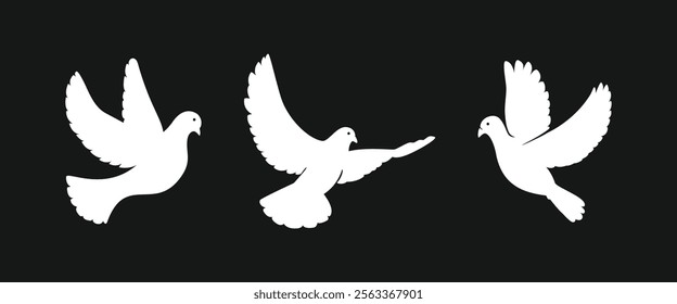 set of flying dove silhouettes or Pigeons set love and peace symbols on a black background