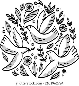Set with flying doves. Peace on earth concept. Doodle hand drawn illustration. Vector art