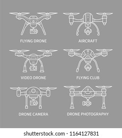 Set of flying drone icons made in flat line style. Vector illustration.