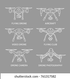 Set of flying drone icons made in flat line style. Vector illustration.