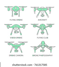 Set of flying drone icons made in flat line style. Vector illustration.