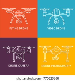Set of flying drone icons made in flat line style. Vector illustration.