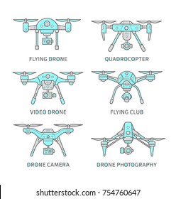 Set of flying drone icons in trendy line style. Vector illustration.