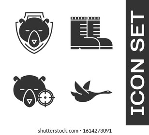 Set Flying duck, Bear head on shield, Hunt on bear with crosshairs and Hunter boots icon. Vector