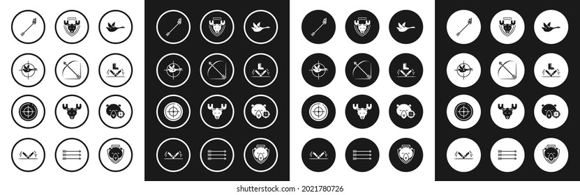 Ponga pato volador, aljaba de arco y flecha, cave con cruces, llama, caza de trampas, escudo de cabeza de alce, deporte de oso y blanco para fusilar icono de competición. Vector